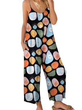 Women’s Black Floral Multi-Color Wide-Leg Jumpsuit